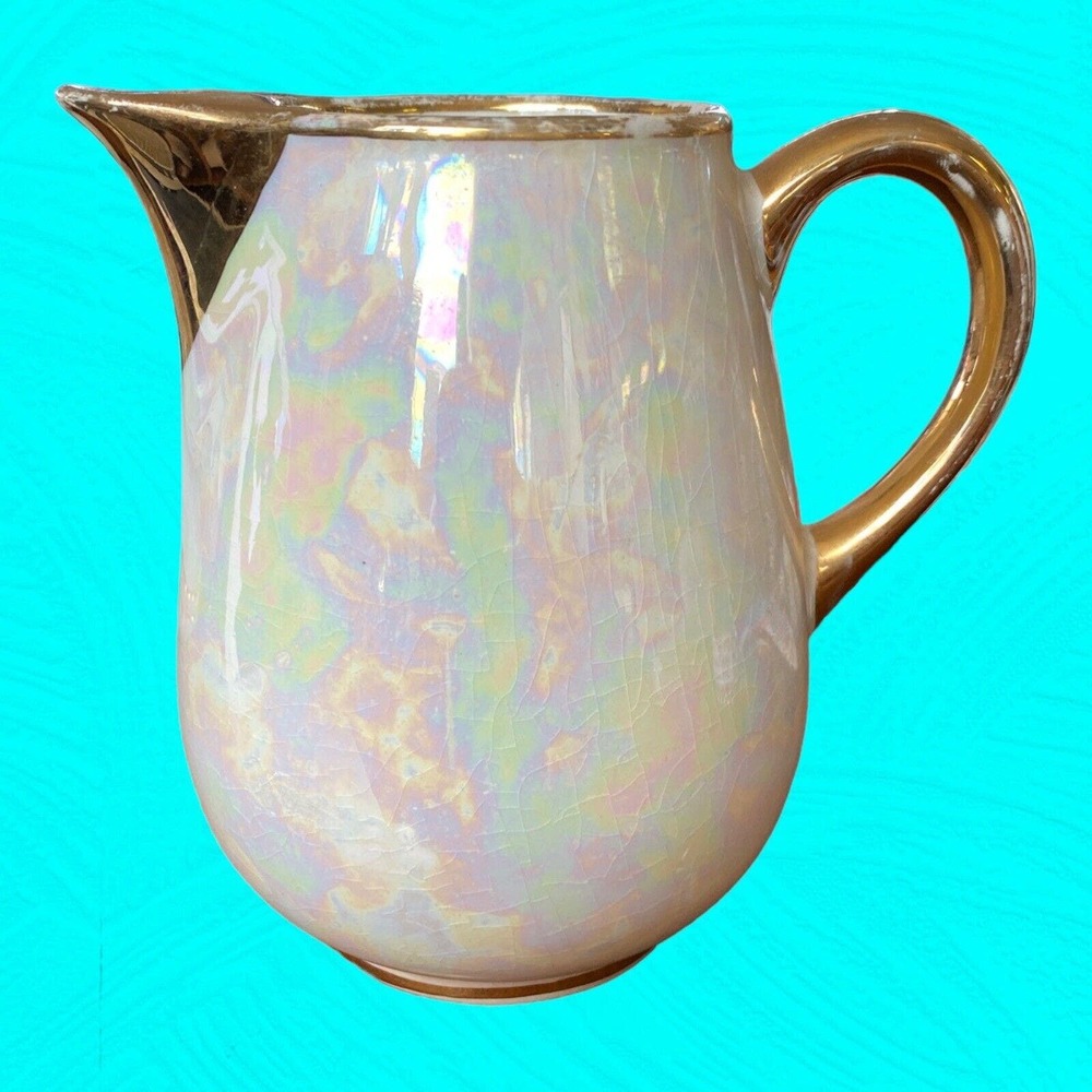 Edwin M Knowles Lusterware Creamer Gold Trim Signed 4” Vtg
